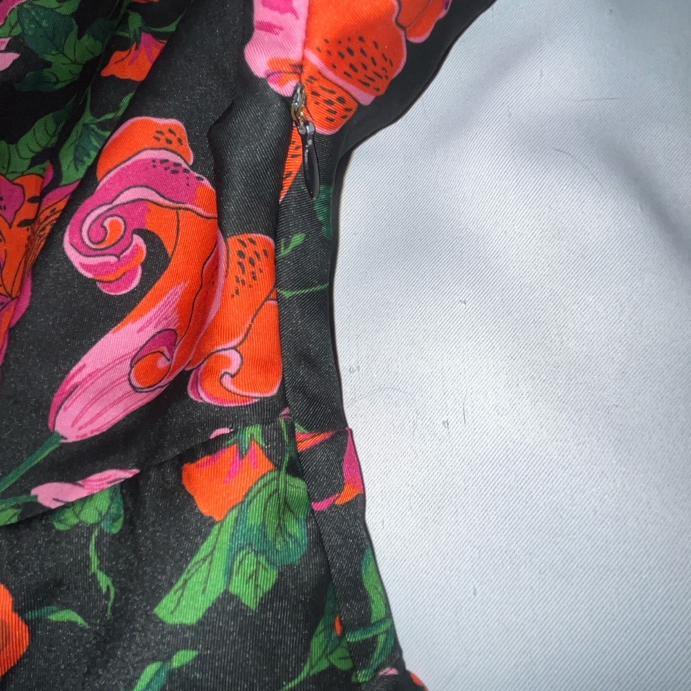 Zara Black Floral V Neck Short Sleeve Mini Dress Side Zip Pink Orange Size Med - Picture 6 of 9